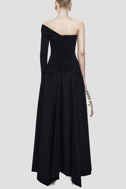 Harsian One Shoulder Draped Bustier Maxi Dress - Black