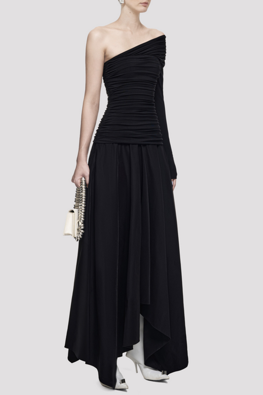 Harsian One Shoulder Draped Bustier Maxi Dress - Black