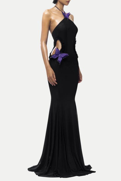 Hiroshi Butterfly Halter Cutout Mesh Maxi Dress - Black