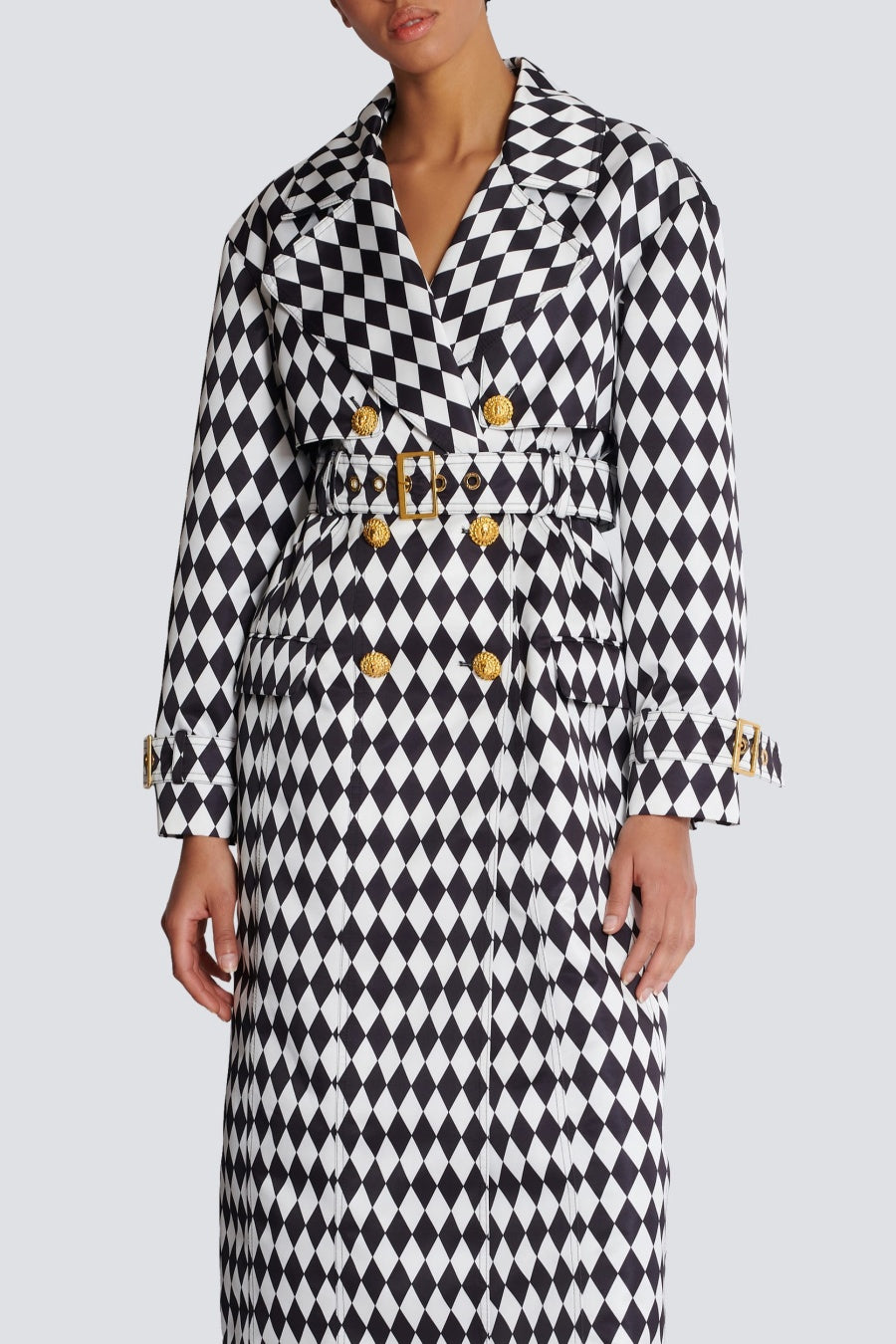 Hyrine Diamond Print Belted Trench Coat