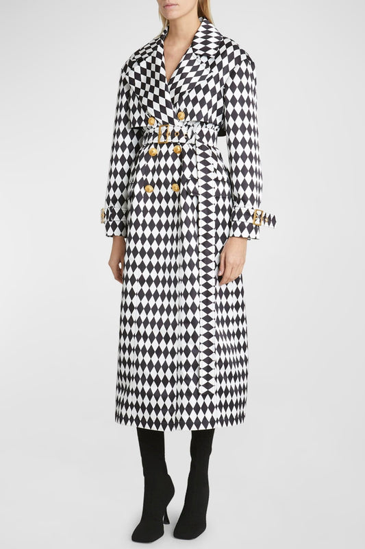 Hyrine Diamond Print Belted Trench Coat