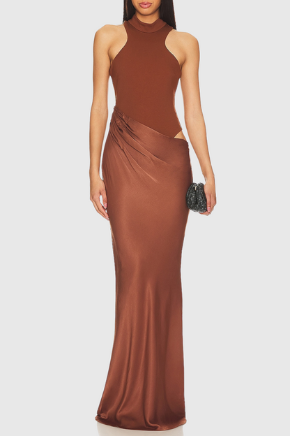Ilya Asymmetrical Cutout Satin Maxi Dress - Brown