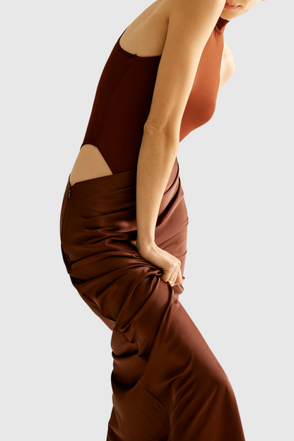 Ilya Asymmetrical Cutout Satin Maxi Dress - Brown