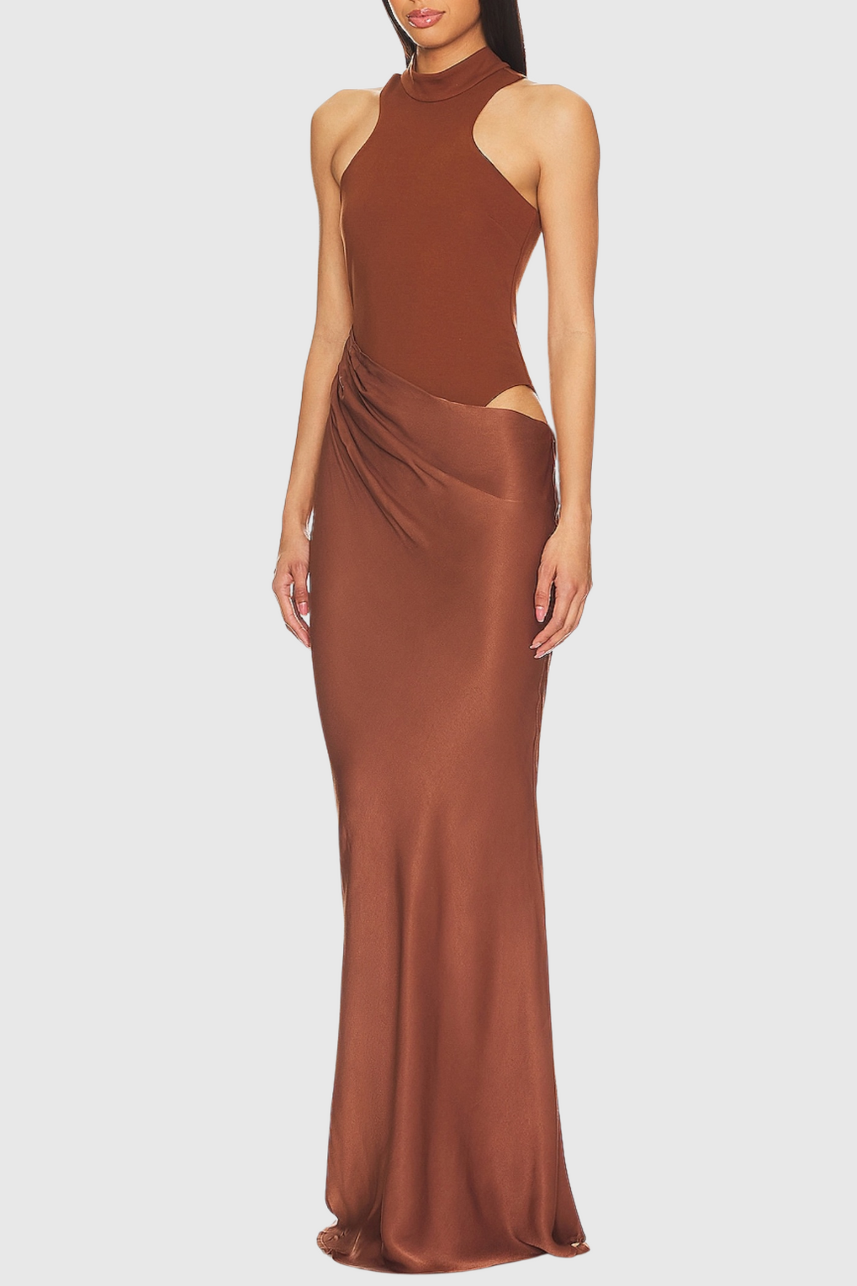 Ilya Asymmetrical Cutout Satin Maxi Dress - Brown