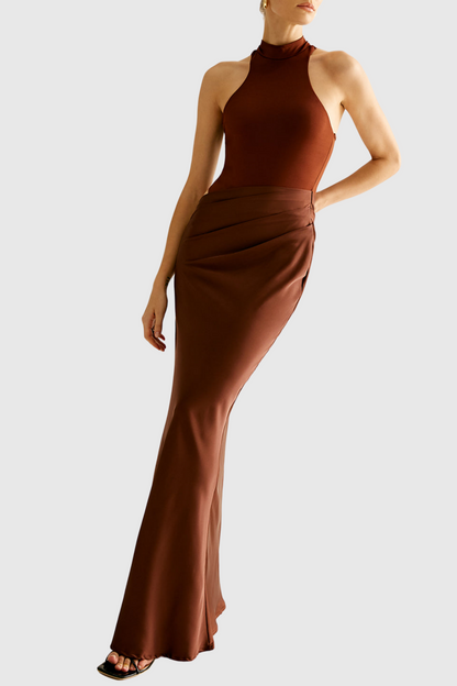 Ilya Asymmetrical Cutout Satin Maxi Dress - Brown