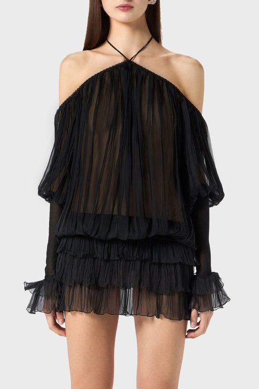 Inaki Halter Pleated Ruffle Mini Dress - Black