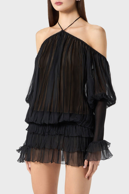 Inaki Halter Pleated Ruffle Mini Dress - Black