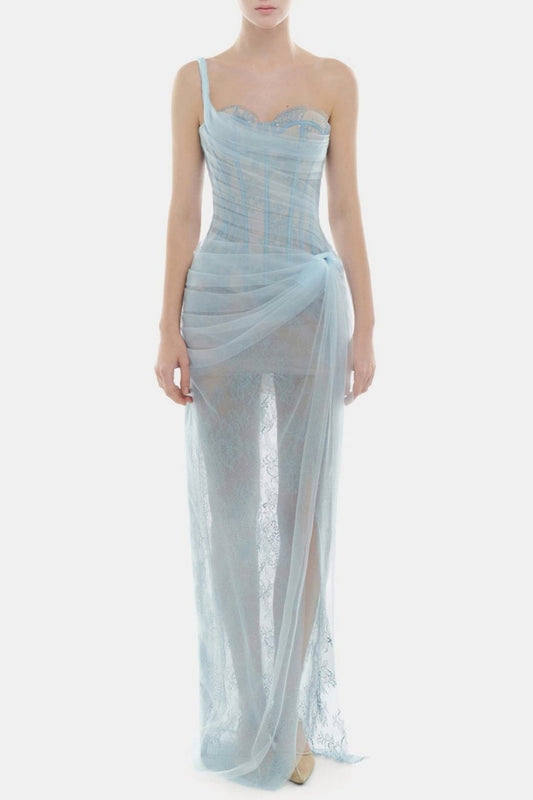 Inina Lace Corset One Shoulder Maxi Dress - Blue