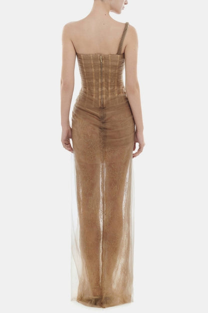 Inina Lace Corset One Shoulder Maxi Dress - Brown