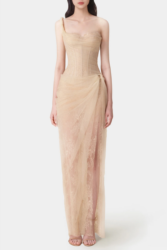 Inina Lace Corset One Shoulder Midi Dress - Beige
