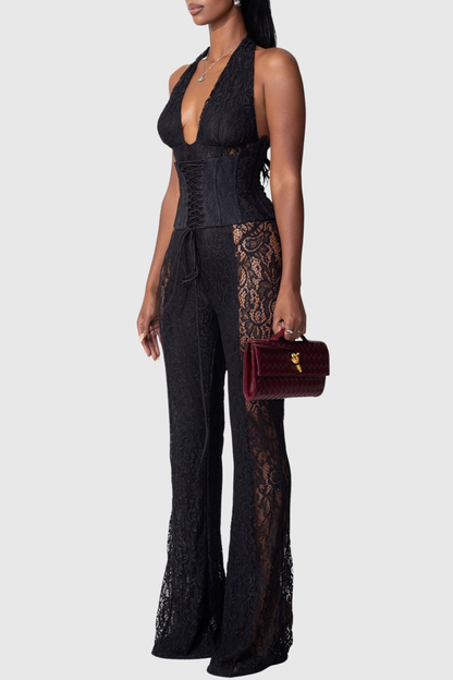 Isaias Lace Corset Jumpsuit - Black