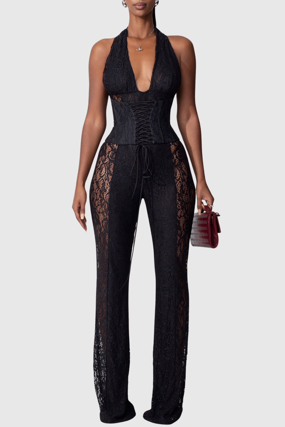 Isaias Lace Corset Jumpsuit - Black