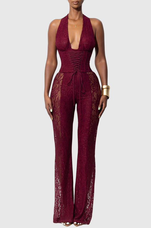 Isaias Lace Corset Jumpsuit - Red