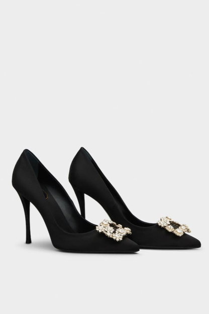 Jabez Rhinestone Buckle Satin Pumps - Black