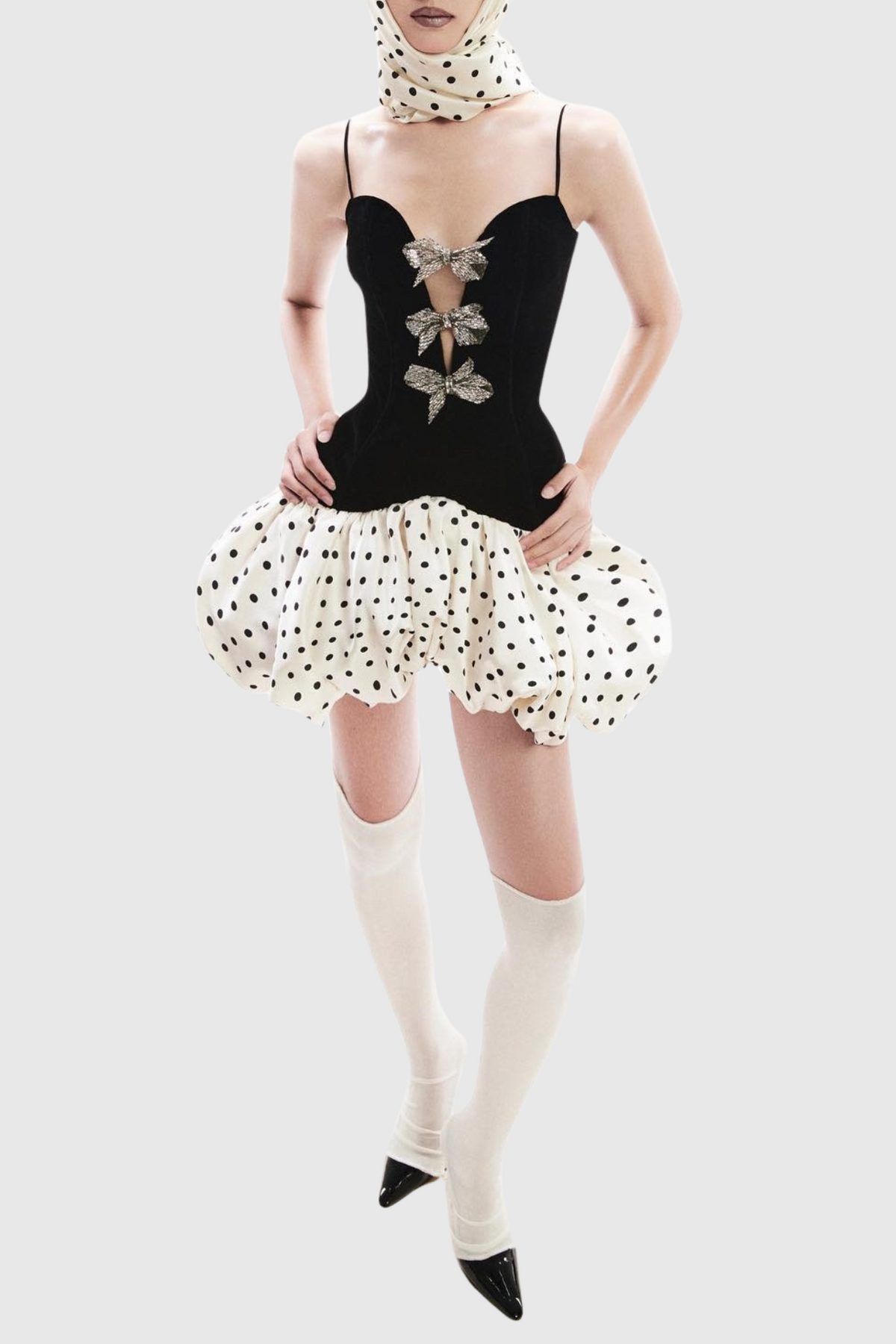 Jamara Bow Embellished Puff Dot Mini Dress