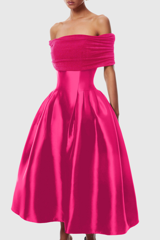 Jesiah Off Shoulder Puff Midi Dress - Hot Pink