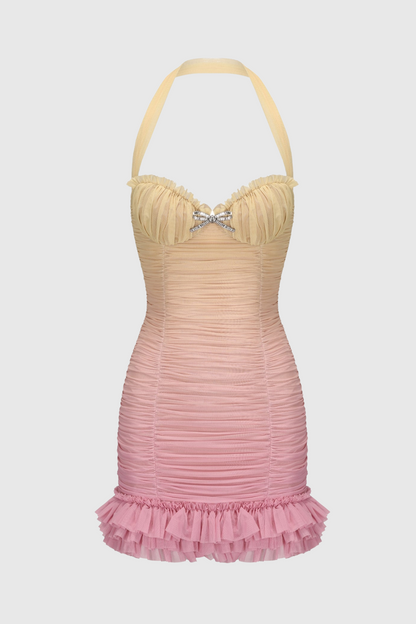 Jodelle Halter Mesh Gradient Rushed Mini Dress - Yellow