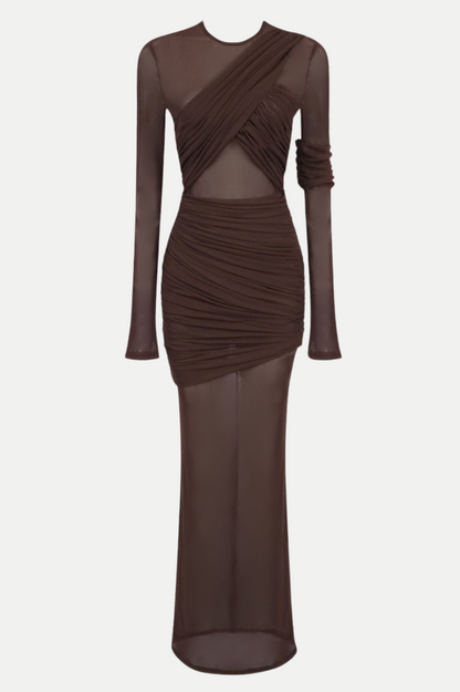 Jolleen Ruched Mesh Maxi Dress - Brown