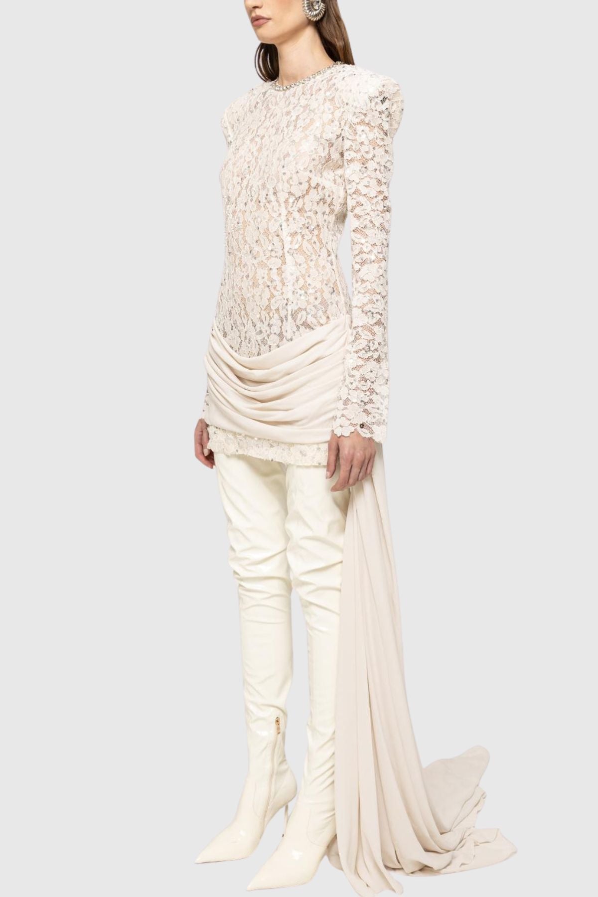 Jonella Sequin Embellished Lace Dreaped Mini Dress