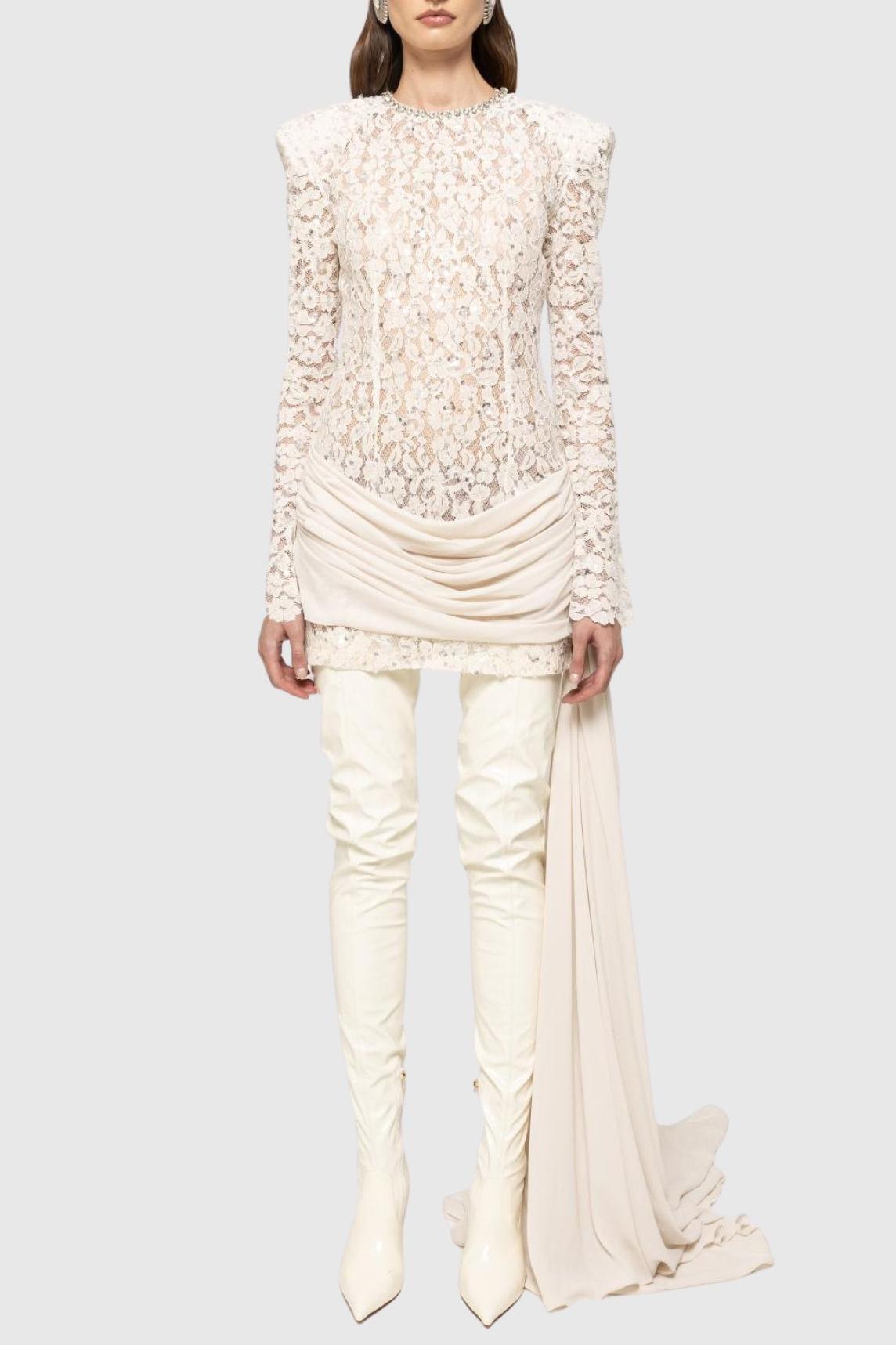 Jonella Sequin Embellished Lace Dreaped Mini Dress