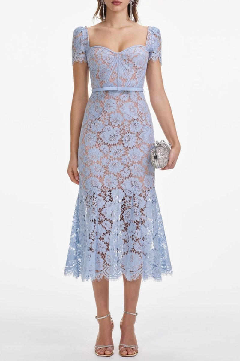 Josef Lace Bow Belted Midi Dress - Blue