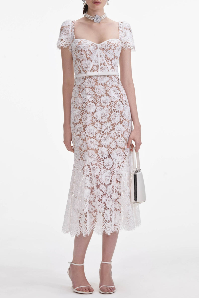 Josef Lace Bow Belted Midi Dress - White