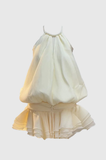 Gaiwan Halter Pearl Ruffle Mini Dress