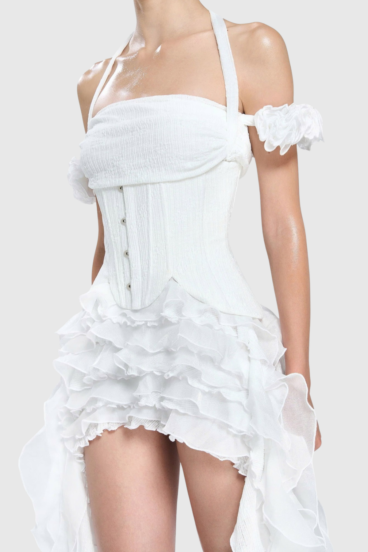 Juricn Halter Corset Ruffle Fringe Mini Dress - White