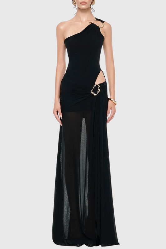 Kahdal One Shoulder Mesh Draped Cutout Maxi Dress