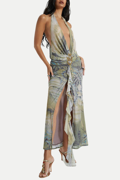 Kaisy Print Halter Mesh Plunge Midi Dress