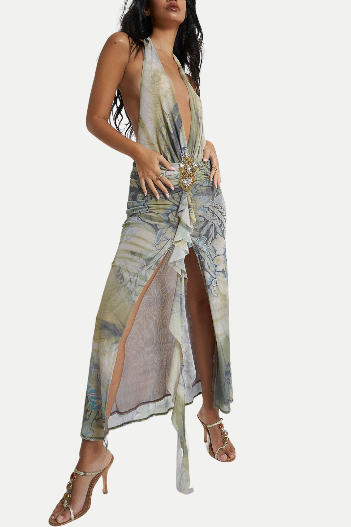 Kaisy Print Halter Mesh Plunge Midi Dress