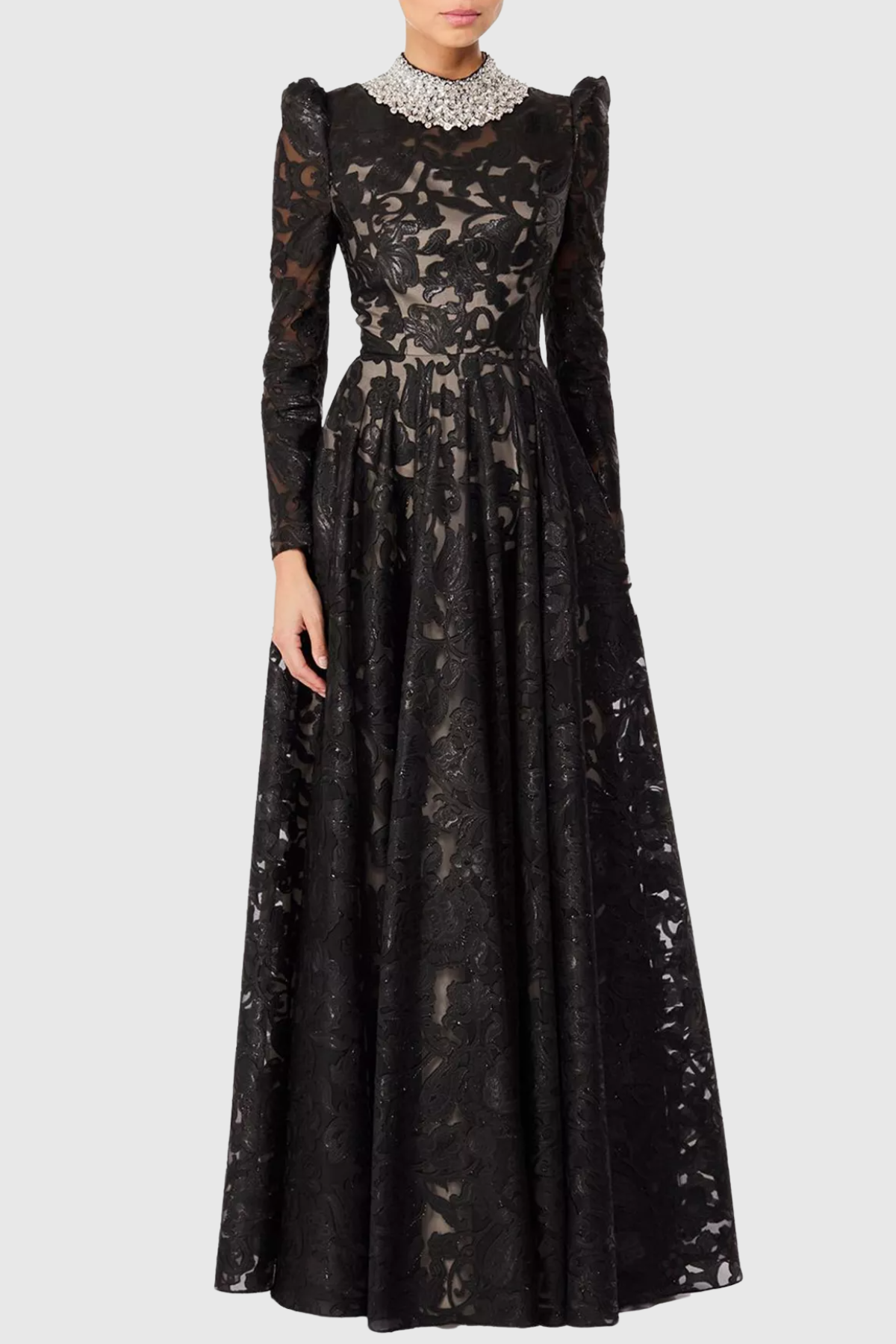 Kaize Crystal Embellished Floral Lace Maxi Dress