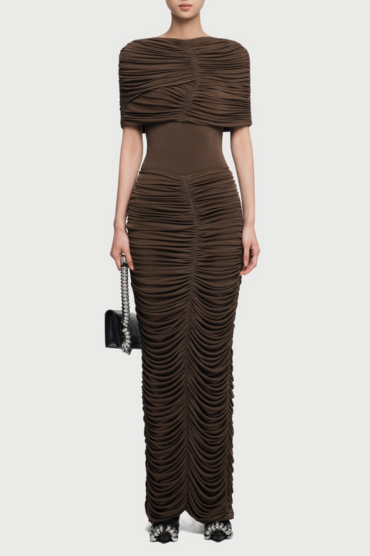 Kamyra Symmetrical Draped Shoulder Maxi Dress - Brown