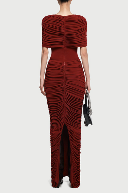 Kamyra Symmetrical Draped Shoulder Maxi Dress - Wine