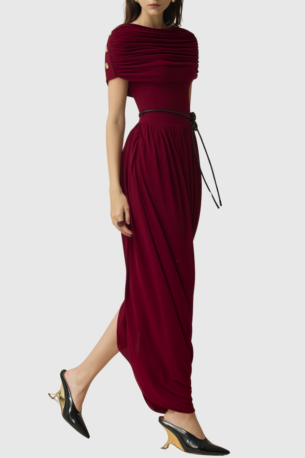 Kasse Burgundy Shawl Draped Maxi Dress