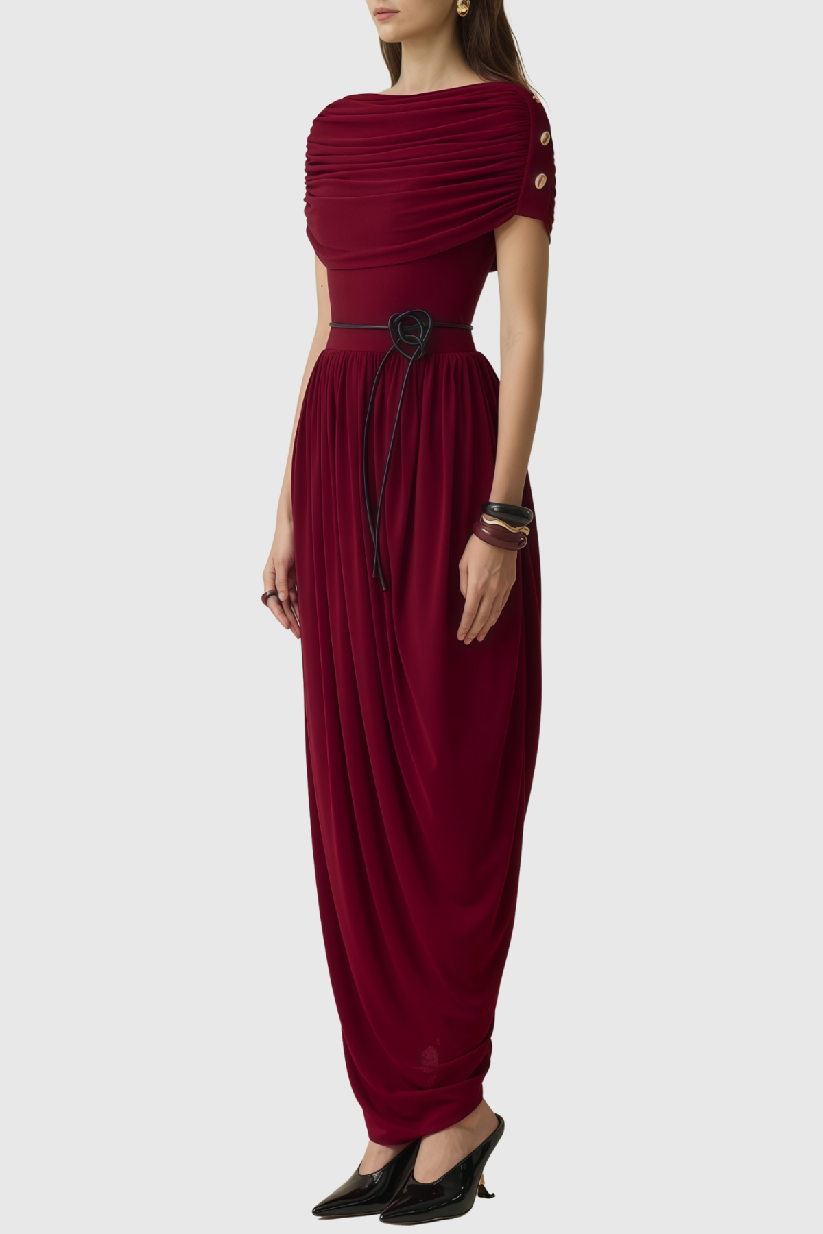 Kasse Burgundy Shawl Draped Maxi Dress
