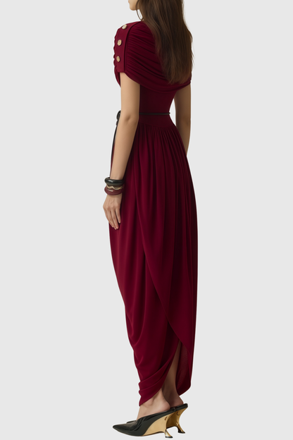 Kasse Burgundy Shawl Draped Maxi Dress