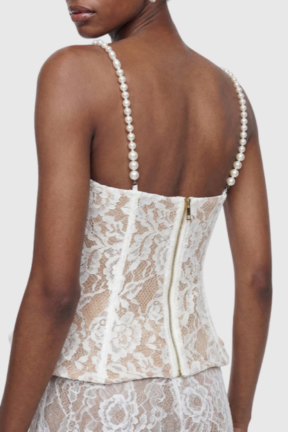 Katia Lace Corset Pearl Pants Set - White