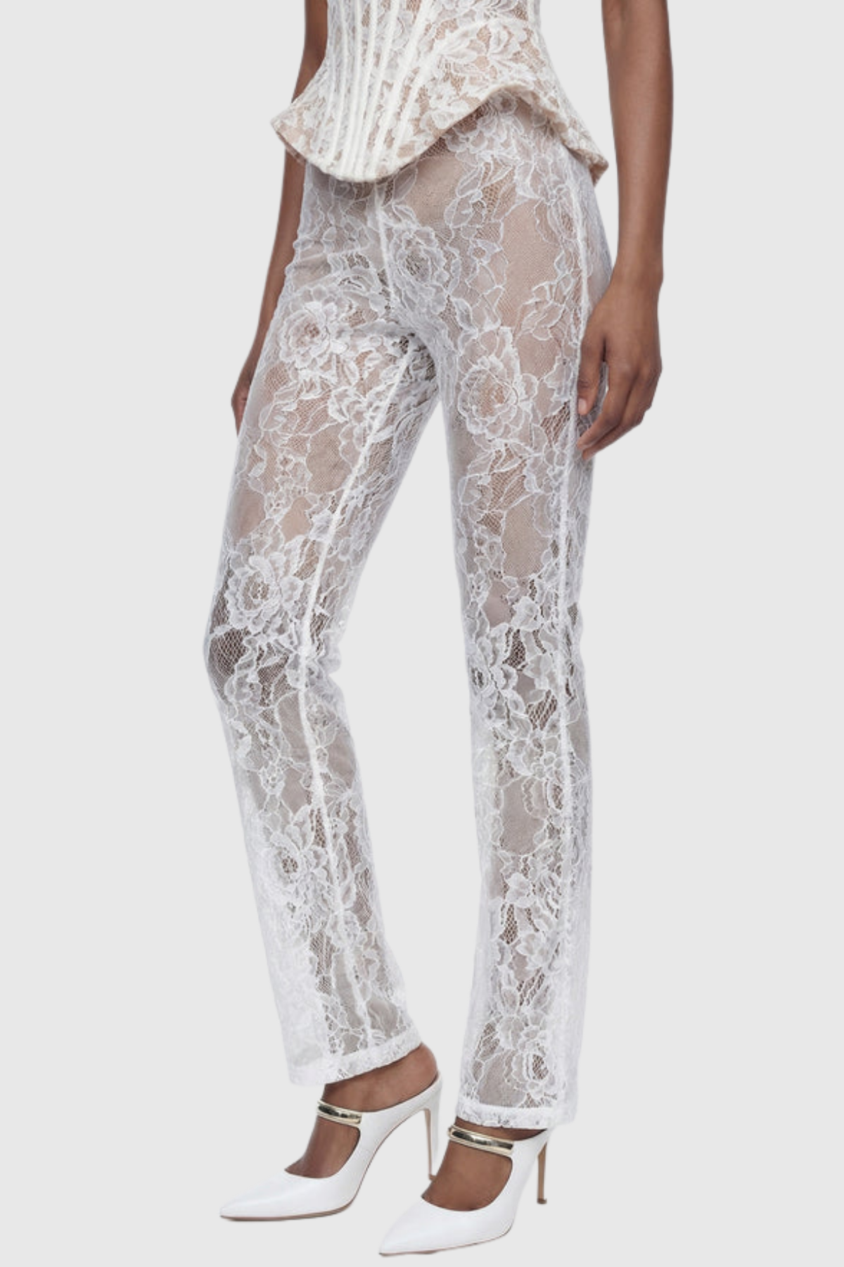 Katia Lace Corset Pearl Pants Set - White