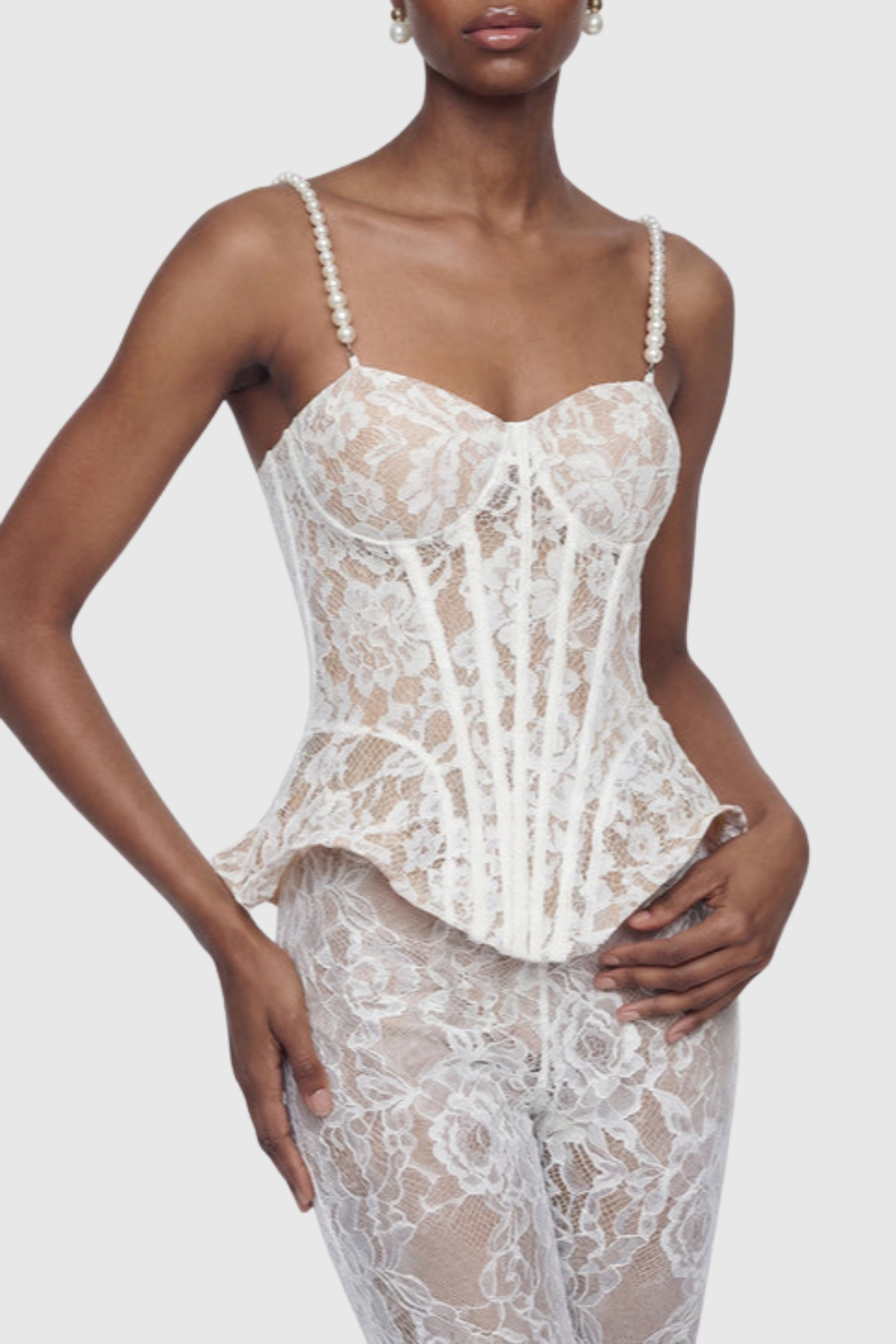 Katia Lace Corset Pearl Pants Set - White