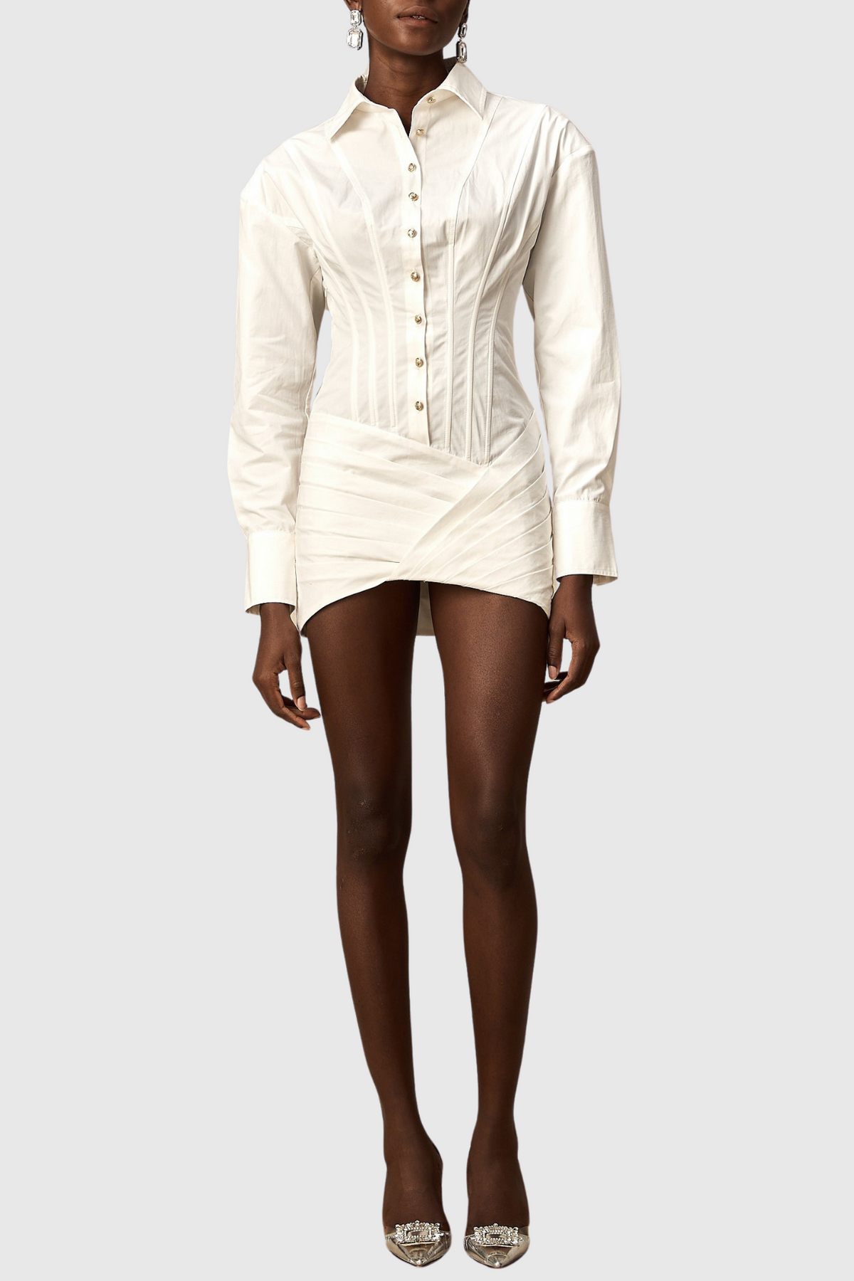 Kretska Cinched-waist Pleated Mini Shirt Dress - White