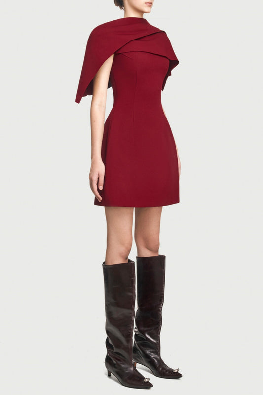 Lachet Asymmetrical Shoulder Pleat Mini Dress - Red