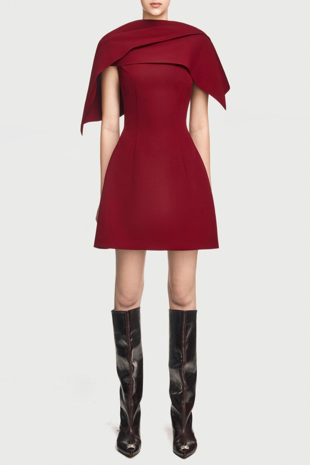 Lachet Asymmetrical Shoulder Pleat Mini Dress - Red