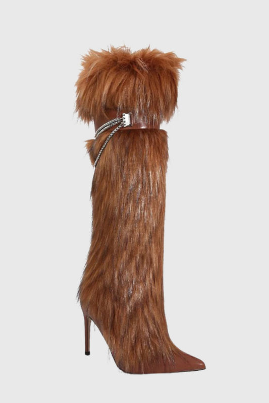 Lamia Faux Fur Knee High Boots - Brown
