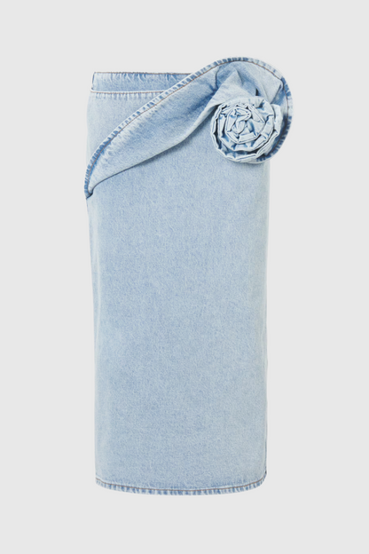 Laundra Floral Appliqué Denim Midi Skirt