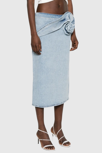 Laundra Floral Appliqué Denim Midi Skirt