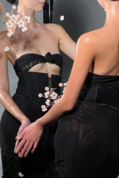 Laythan Mesh Cutout Corset Maxi Dress - Black