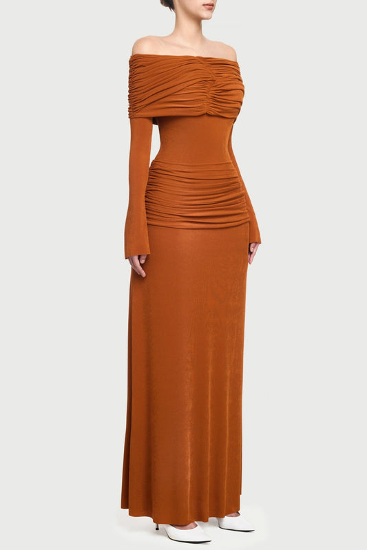 Lekeisha Off Shoulder Draped Maxi Dress - Orange