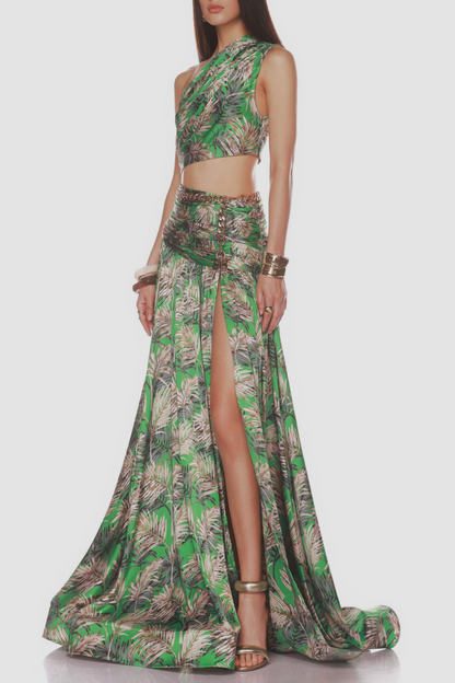 Linzie One Shoulder Leave Print Two Piece Set