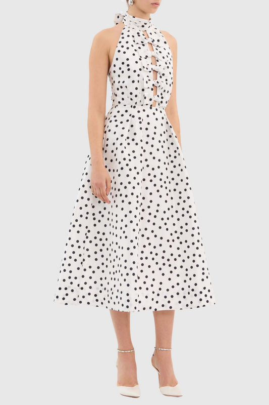 Londa Halter Polka Dot Bow Cutout Midi Dress